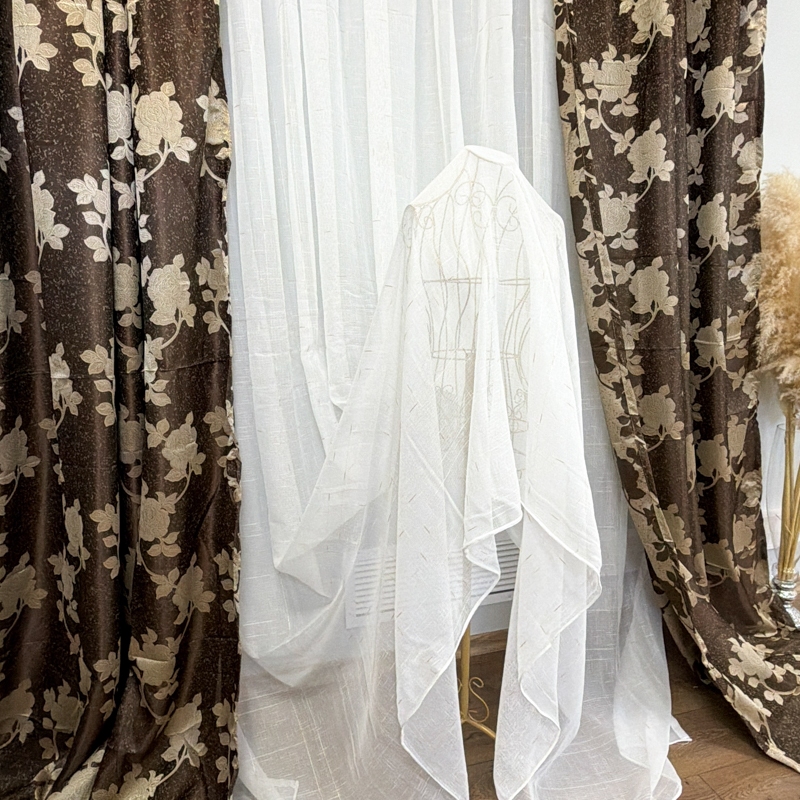 Set 2 Draperii Jacquard, Roses, 150cm latime x 270cm inaltime, Maro + Perdea 400cm latime x 270cm inaltime, tip in cu broderie Lines - imagine 6