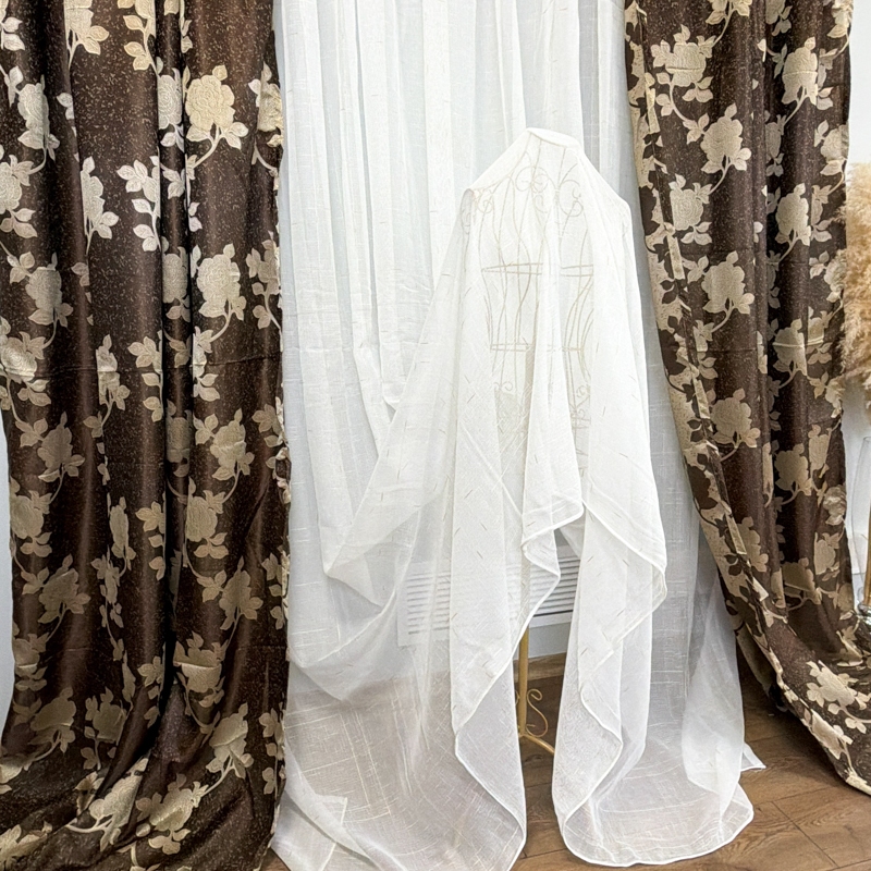 Set 2 Draperii Jacquard, Roses, 150cm latime x 270cm inaltime, Maro + Perdea 400cm latime x 270cm inaltime, tip in cu broderie Lines - imagine 7