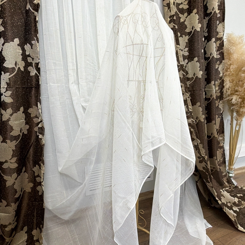 Set 2 Draperii Jacquard, Roses, 150cm latime x 270cm inaltime, Maro + Perdea 400cm latime x 270cm inaltime, tip in cu broderie Lines - imagine 8
