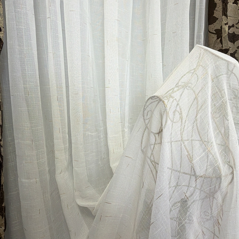 Set 2 Draperii Jacquard, Roses, 150cm latime x 270cm inaltime, Maro + Perdea 400cm latime x 270cm inaltime, tip in cu broderie Lines - imagine 9
