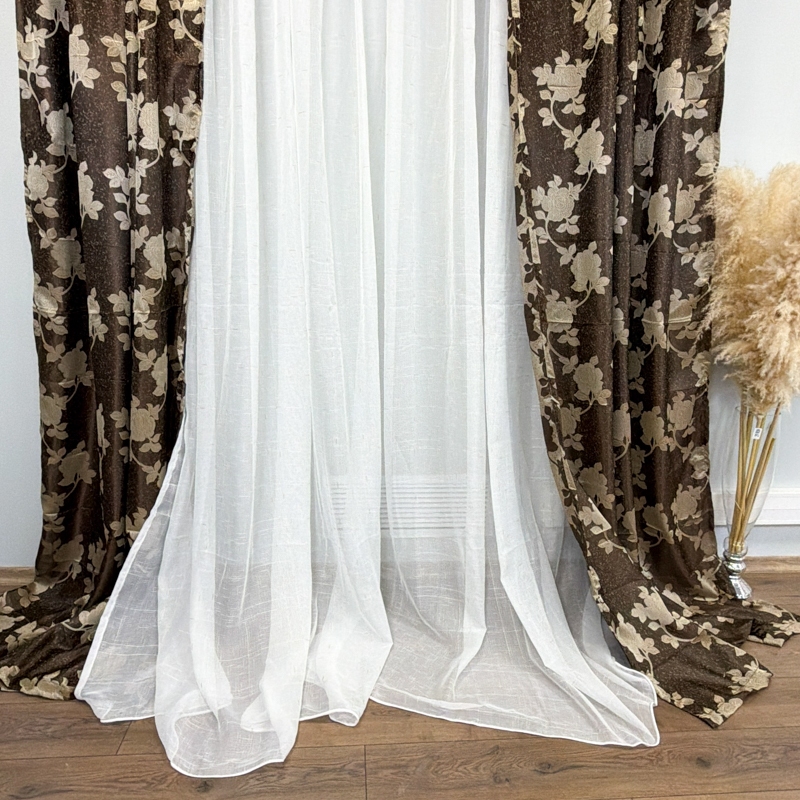 Set 2 Draperii Jacquard, Roses, 150cm latime x 270cm inaltime, Maro + Perdea 400cm latime x 270cm inaltime, tip in cu broderie Lines - imagine 13