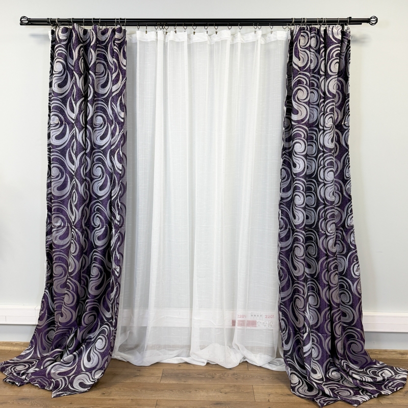 Set 2 Draperii Jacquard, Spiral, 150cm latime x 270cm inaltime, Mov + Perdea 400cm latime x 270cm inaltime, tip in cu broderie Lines - imagine 2