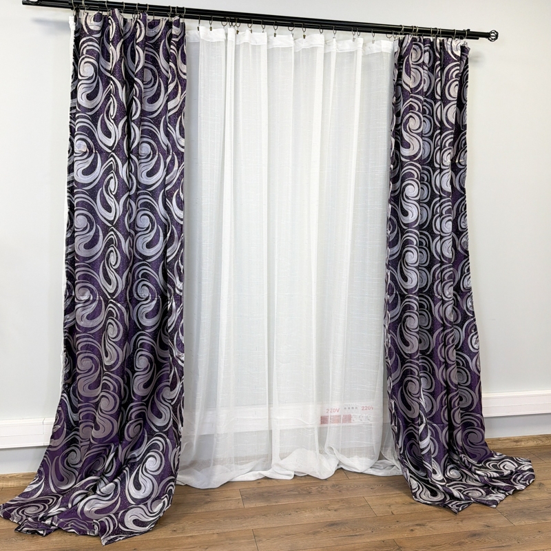 Set 2 Draperii Jacquard, Spiral, 150cm latime x 270cm inaltime, Mov + Perdea 400cm latime x 270cm inaltime, tip in cu broderie Lines - imagine 3