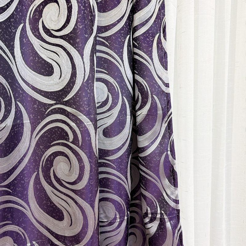 Set 2 Draperii Jacquard, Spiral, 150cm latime x 270cm inaltime, Mov + Perdea 400cm latime x 270cm inaltime, tip in cu broderie Lines - imagine 4