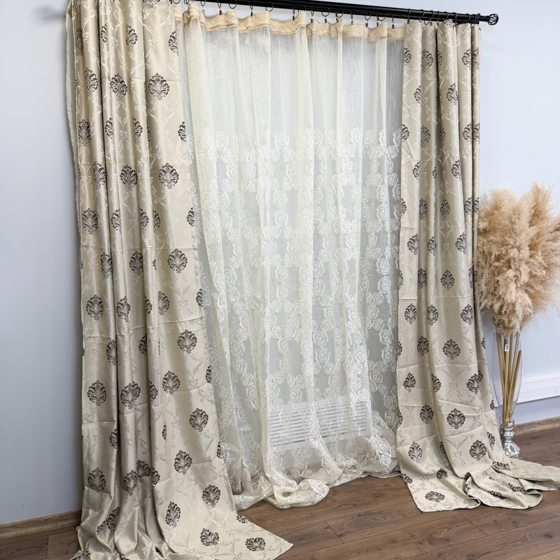 Set 2 Draperii Jacquard, Royal, 150cm latime x 270cm inaltime, Grej deschis + Perdea 400cm latime x 270cm inaltime, tip in cu broderie Roses - imagine 3