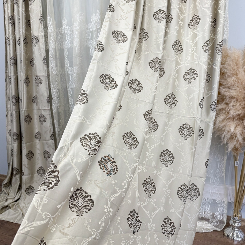 Set 2 Draperii Jacquard, Royal, 150cm latime x 270cm inaltime, Grej deschis + Perdea 400cm latime x 270cm inaltime, tip in cu broderie Roses - imagine 6