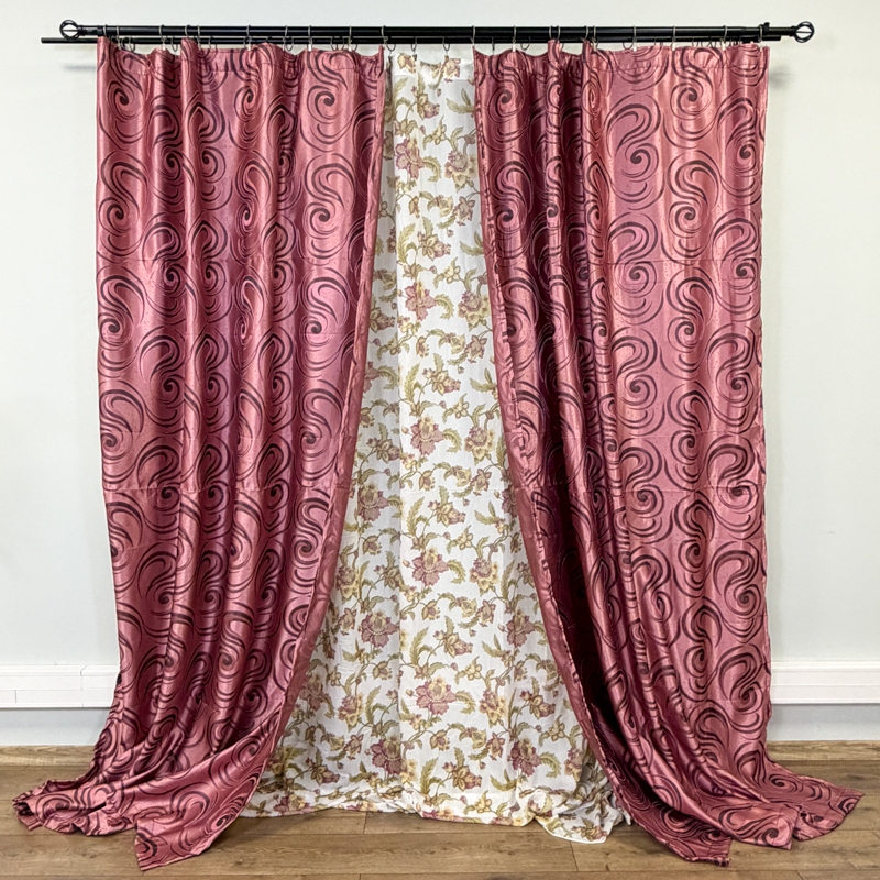 Set 2 Draperii Jacquard, Spiral, 150cm latime x 270cm inaltime, Roz + Perdea 400cm latime x 270cm inaltime, din Matase Imprimata, Iris Roz - imagine 2