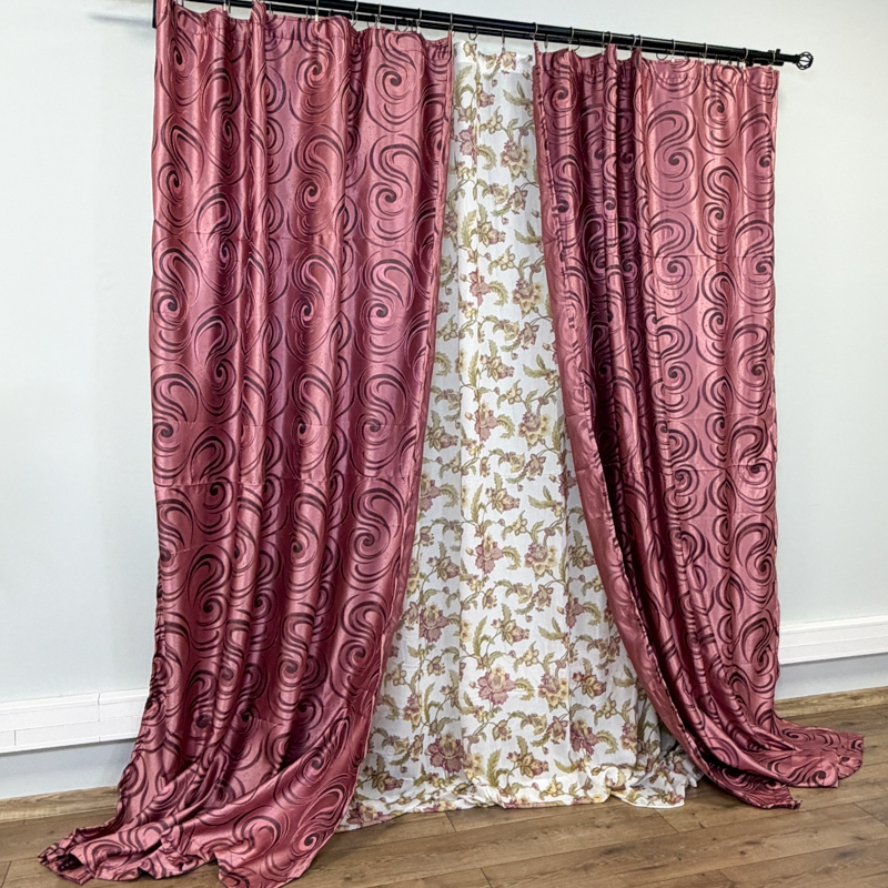 Set 2 Draperii Jacquard, Spiral, 150cm latime x 270cm inaltime, Roz + Perdea 400cm latime x 270cm inaltime, din Matase Imprimata, Iris Roz - imagine 3