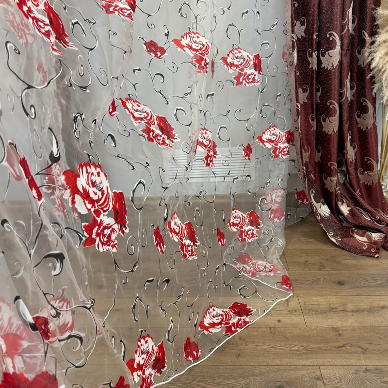 Perdea Bujori Rosii din matase imprimata, Alba, 400cm latime x 270cm inaltime cu rejansa pt sina - imagine 6