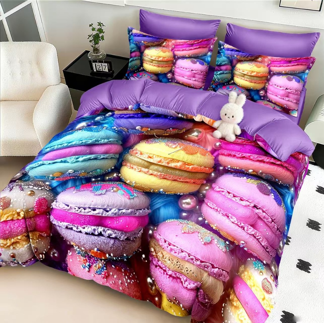 Lenjerie pat dublu, FINET, Imprimeu Digital 5D - Identic cu poza, Cu ELASTIC, 6 piese, Pucioasa, Multicolor, macarons - imagine 2