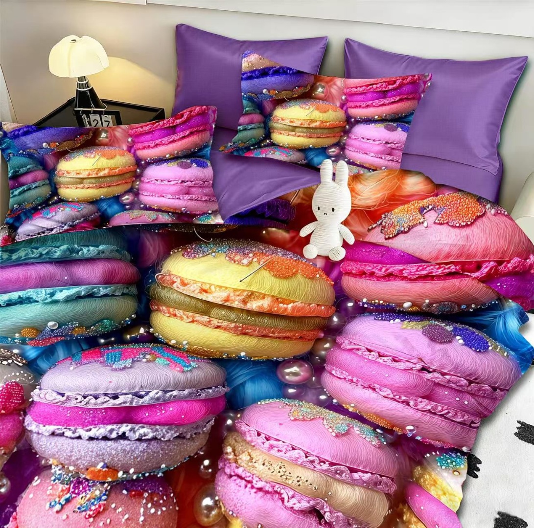 Lenjerie pat dublu, FINET, Imprimeu Digital 5D - Identic cu poza, Cu ELASTIC, 6 piese, Pucioasa, Multicolor, macarons - imagine 3