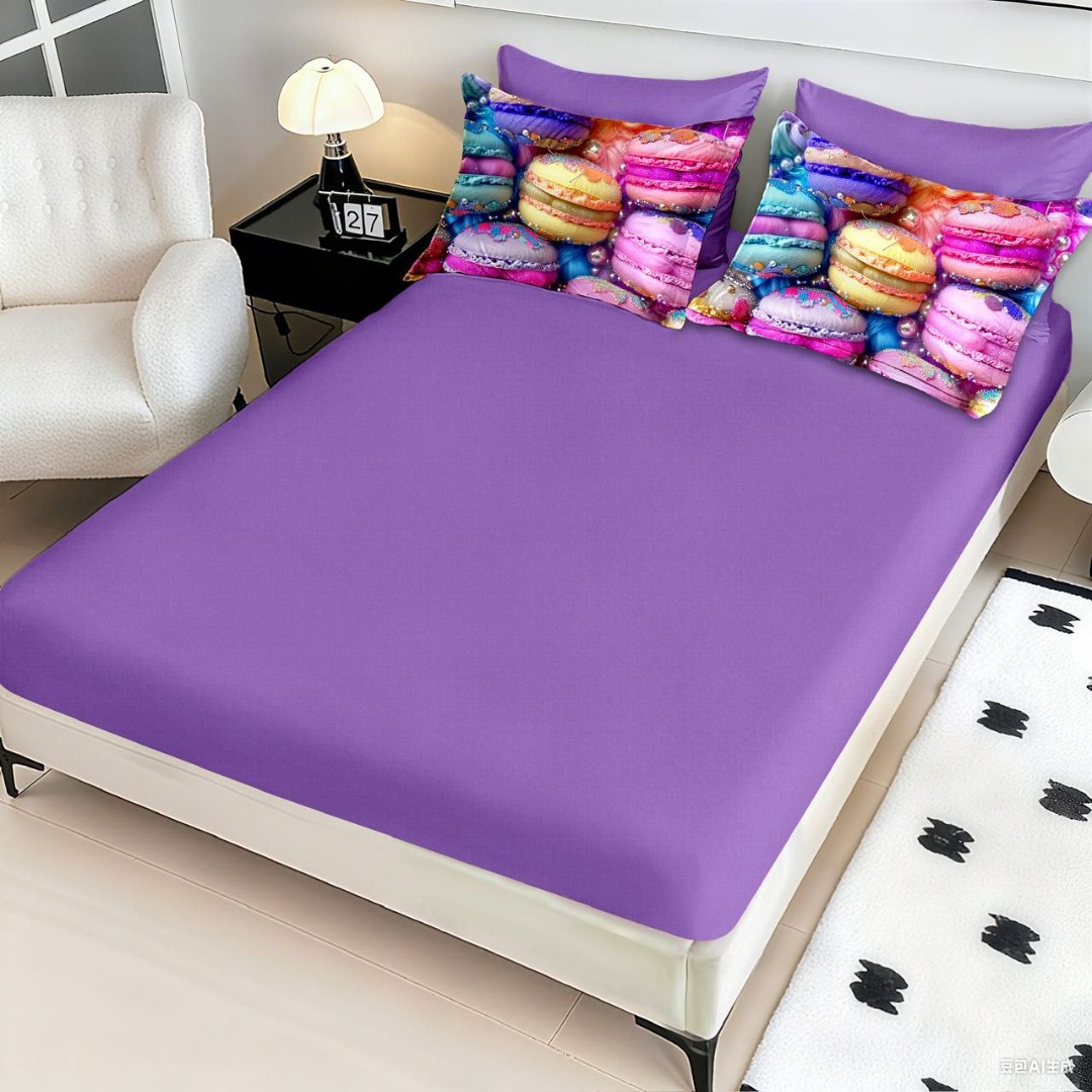 Lenjerie pat dublu, FINET, Imprimeu Digital 5D - Identic cu poza, Cu ELASTIC, 6 piese, Pucioasa, Multicolor, macarons - imagine 4