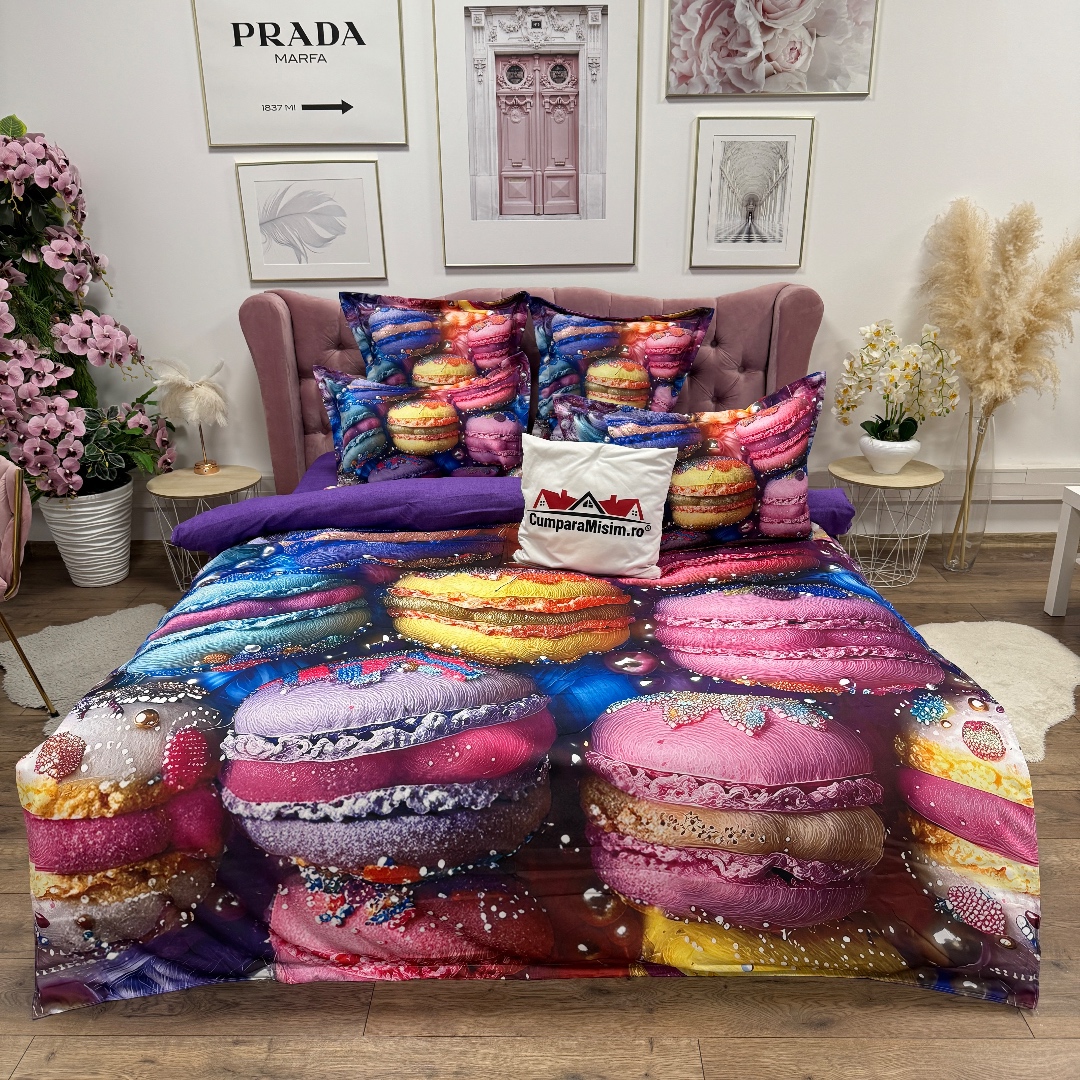 Lenjerie pat dublu, FINET, Imprimeu Digital 5D - Identic cu poza, Cu ELASTIC, 6 piese, Pucioasa, Multicolor, macarons - imagine 5