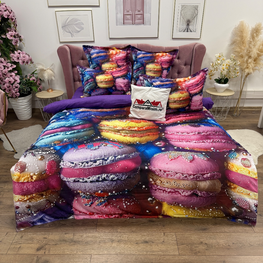 Lenjerie pat dublu, FINET, Imprimeu Digital 5D - Identic cu poza, Cu ELASTIC, 6 piese, Pucioasa, Multicolor, macarons - imagine 6