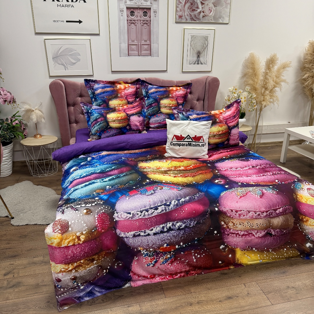 Lenjerie pat dublu, FINET, Imprimeu Digital 5D - Identic cu poza, Cu ELASTIC, 6 piese, Pucioasa, Multicolor, macarons - imagine 7