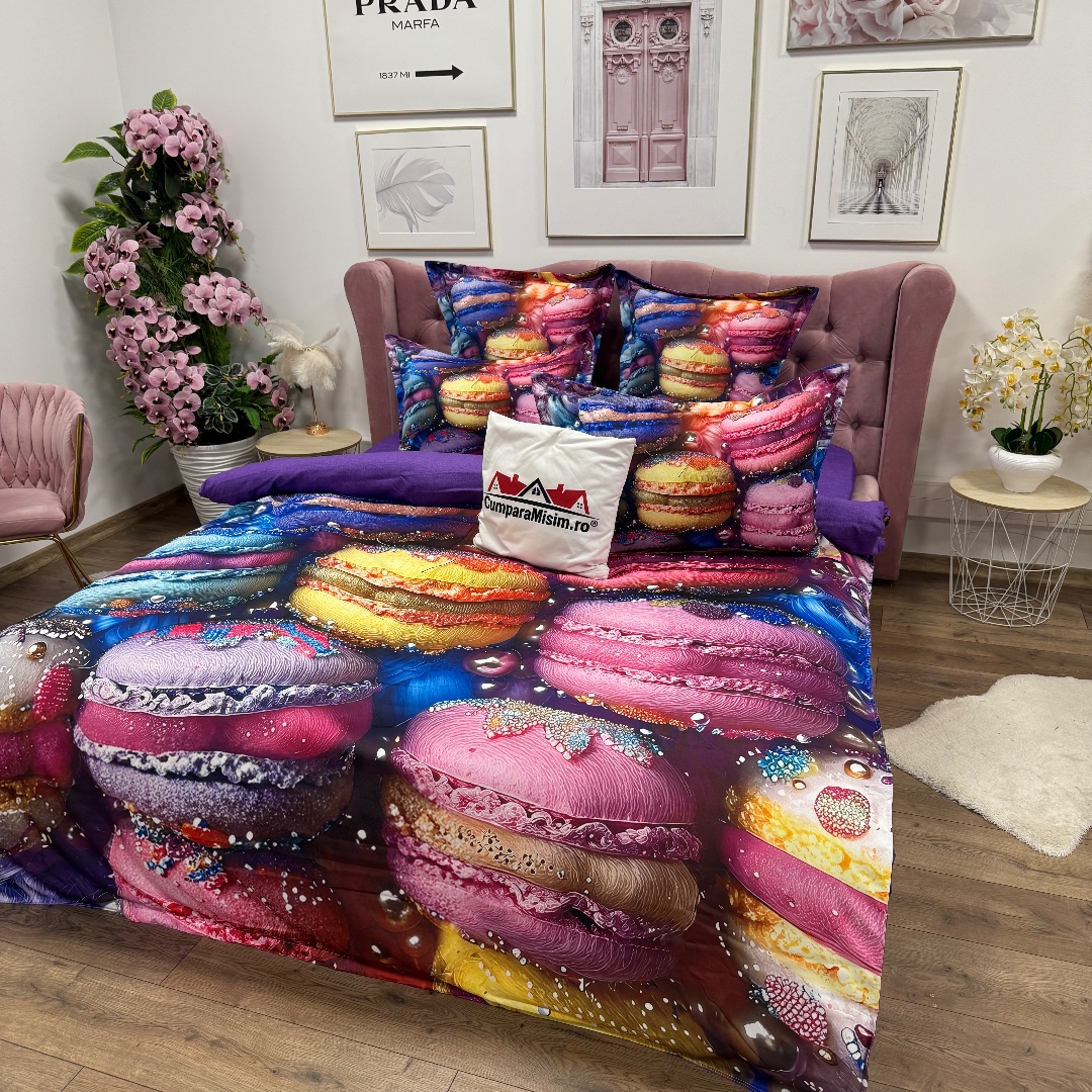 Lenjerie pat dublu, FINET, Imprimeu Digital 5D - Identic cu poza, Cu ELASTIC, 6 piese, Pucioasa, Multicolor, macarons - imagine 8
