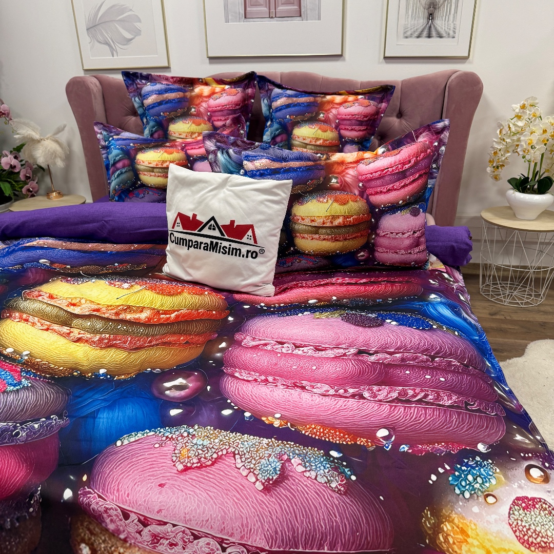 Lenjerie pat dublu, FINET, Imprimeu Digital 5D - Identic cu poza, Cu ELASTIC, 6 piese, Pucioasa, Multicolor, macarons - imagine 9