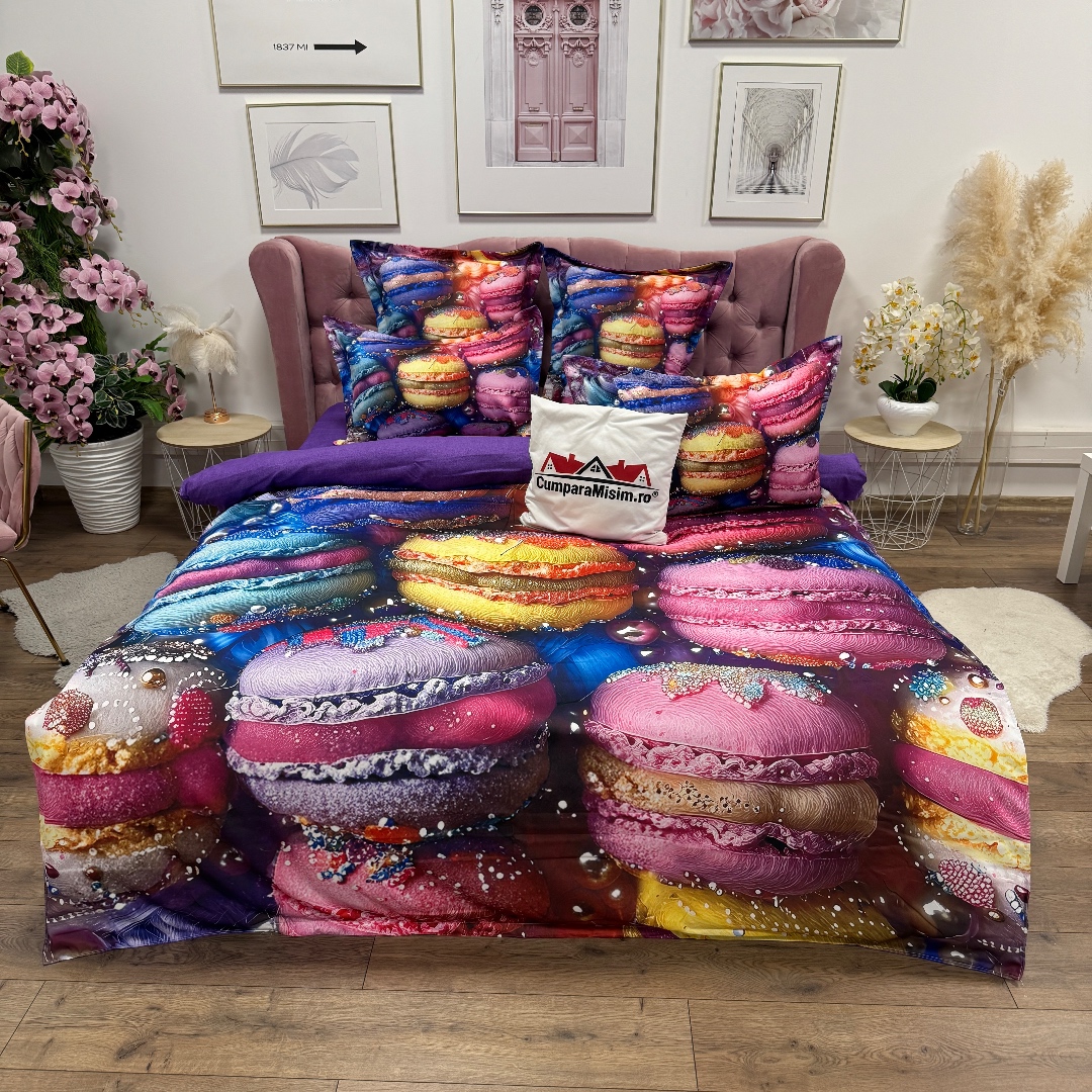 Lenjerie pat dublu, FINET, Imprimeu Digital 5D - Identic cu poza, Cu ELASTIC, 6 piese, Pucioasa, Multicolor, macarons - imagine 10