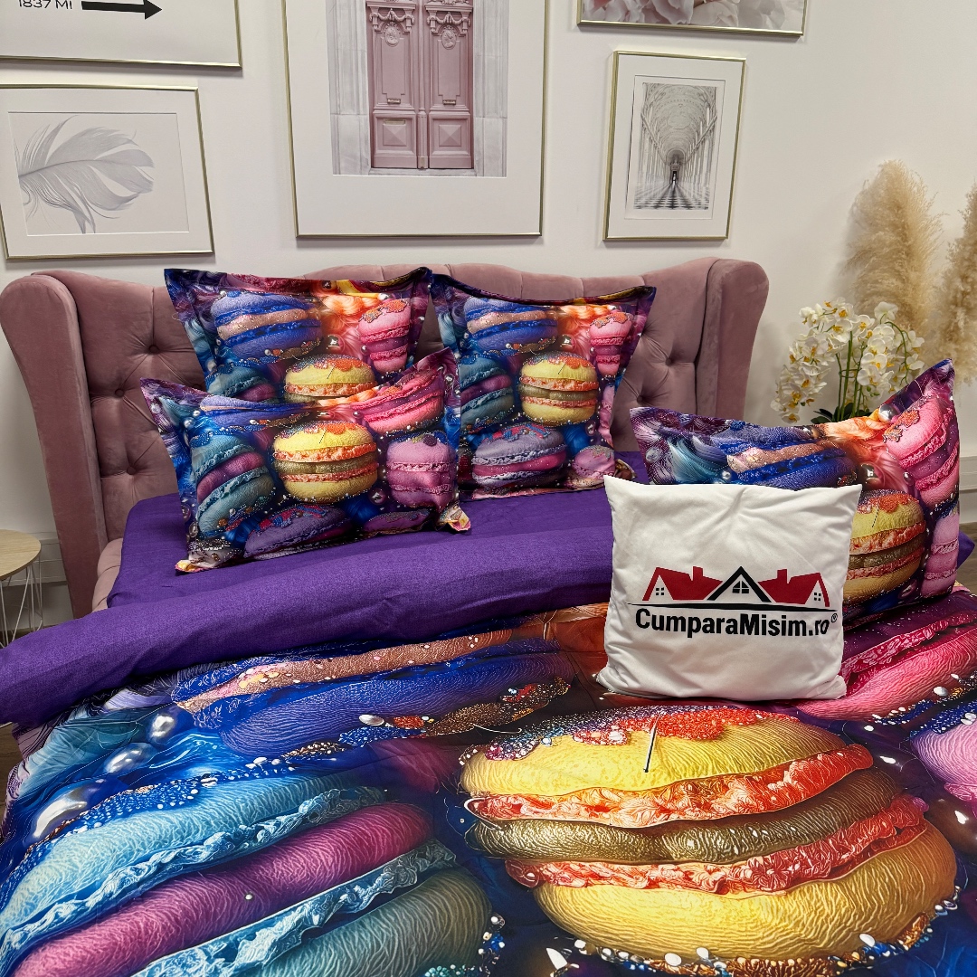 Lenjerie pat dublu, FINET, Imprimeu Digital 5D - Identic cu poza, Cu ELASTIC, 6 piese, Pucioasa, Multicolor, macarons - imagine 11