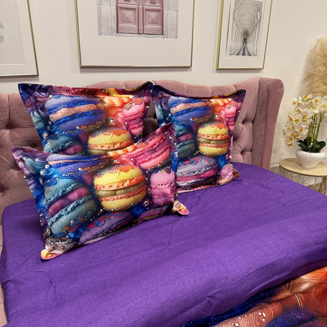 Lenjerie pat dublu, FINET, Imprimeu Digital 5D - Identic cu poza, Cu ELASTIC, 6 piese, Pucioasa, Multicolor, macarons - imagine 12