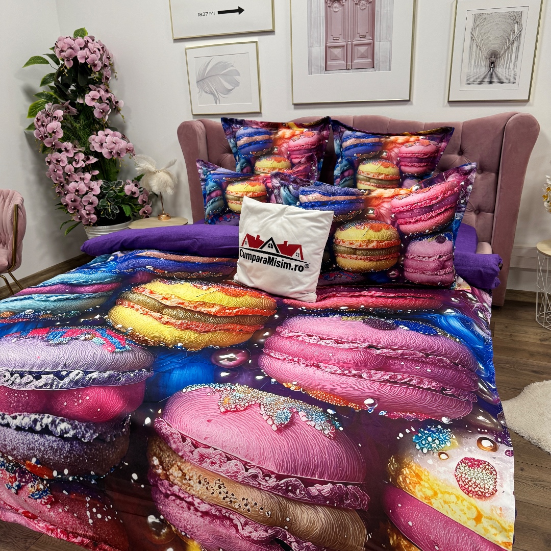 Lenjerie pat dublu, FINET, Imprimeu Digital 5D - Identic cu poza, Cu ELASTIC, 6 piese, Pucioasa, Multicolor, macarons - imagine 13