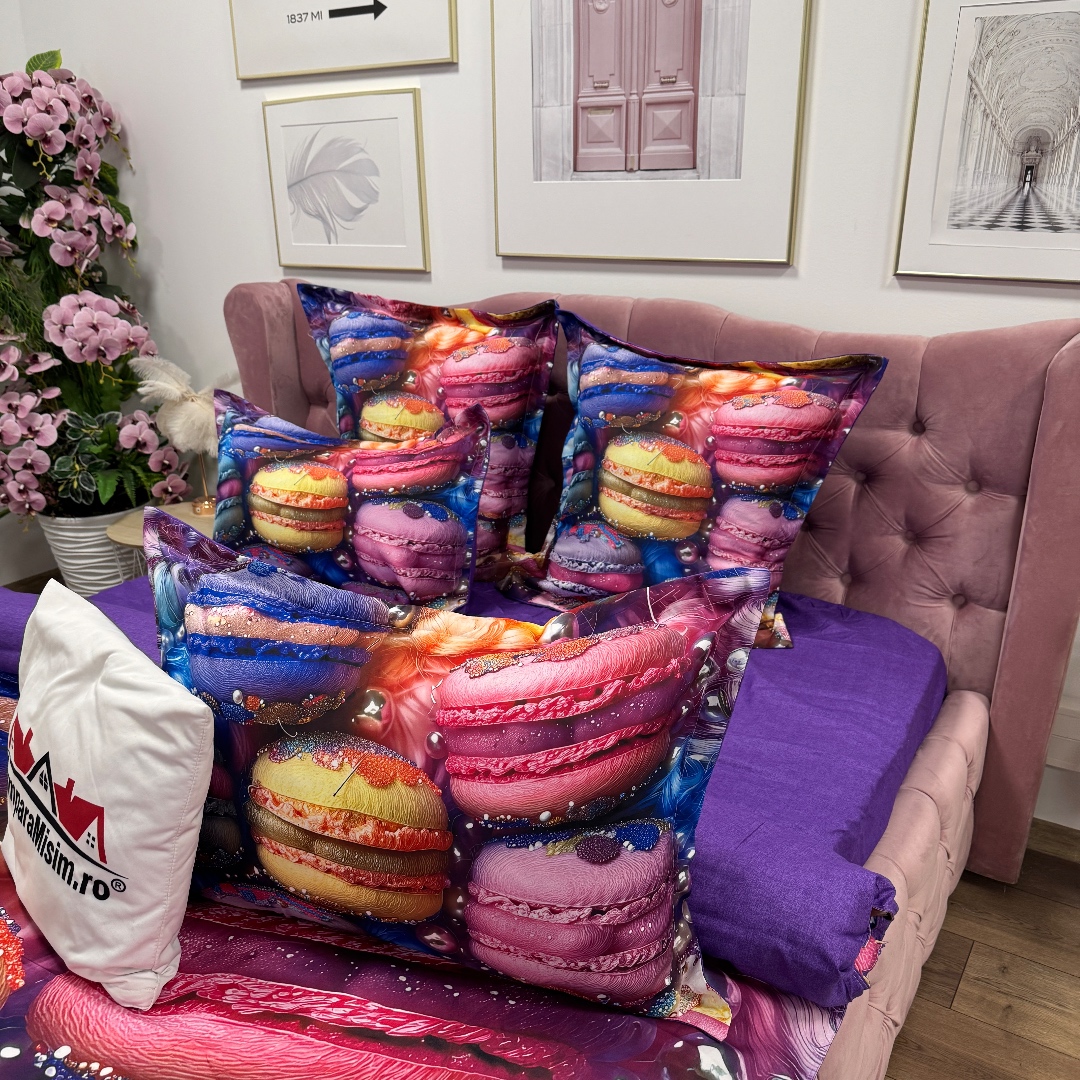 Lenjerie pat dublu, FINET, Imprimeu Digital 5D - Identic cu poza, Cu ELASTIC, 6 piese, Pucioasa, Multicolor, macarons - imagine 14