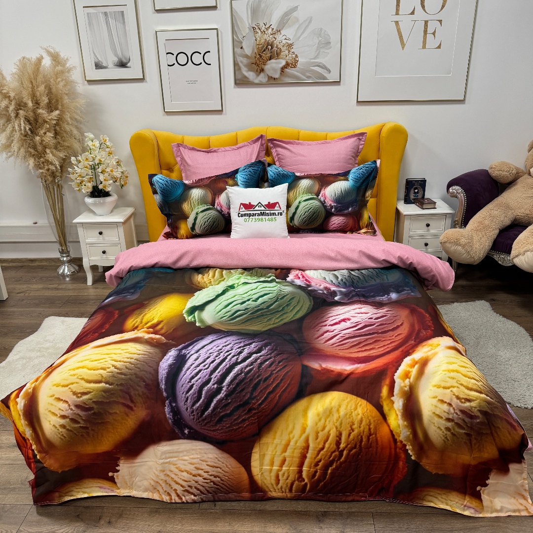 Lenjerie pat dublu, FINET, Imprimeu Digital 5D - Identic cu poza, Cu ELASTIC, 6 piese, Multicolor, inghetata - imagine 2