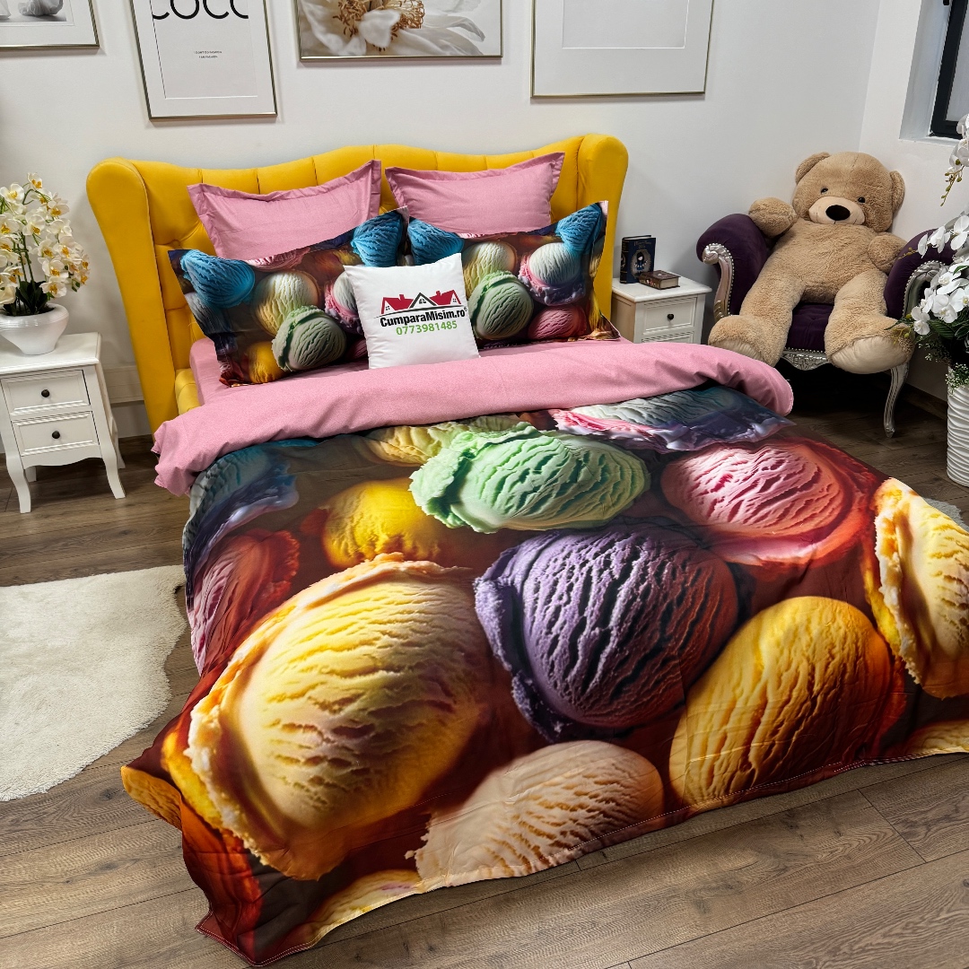 Lenjerie pat dublu, FINET, Imprimeu Digital 5D - Identic cu poza, Cu ELASTIC, 6 piese, Multicolor, inghetata - imagine 3