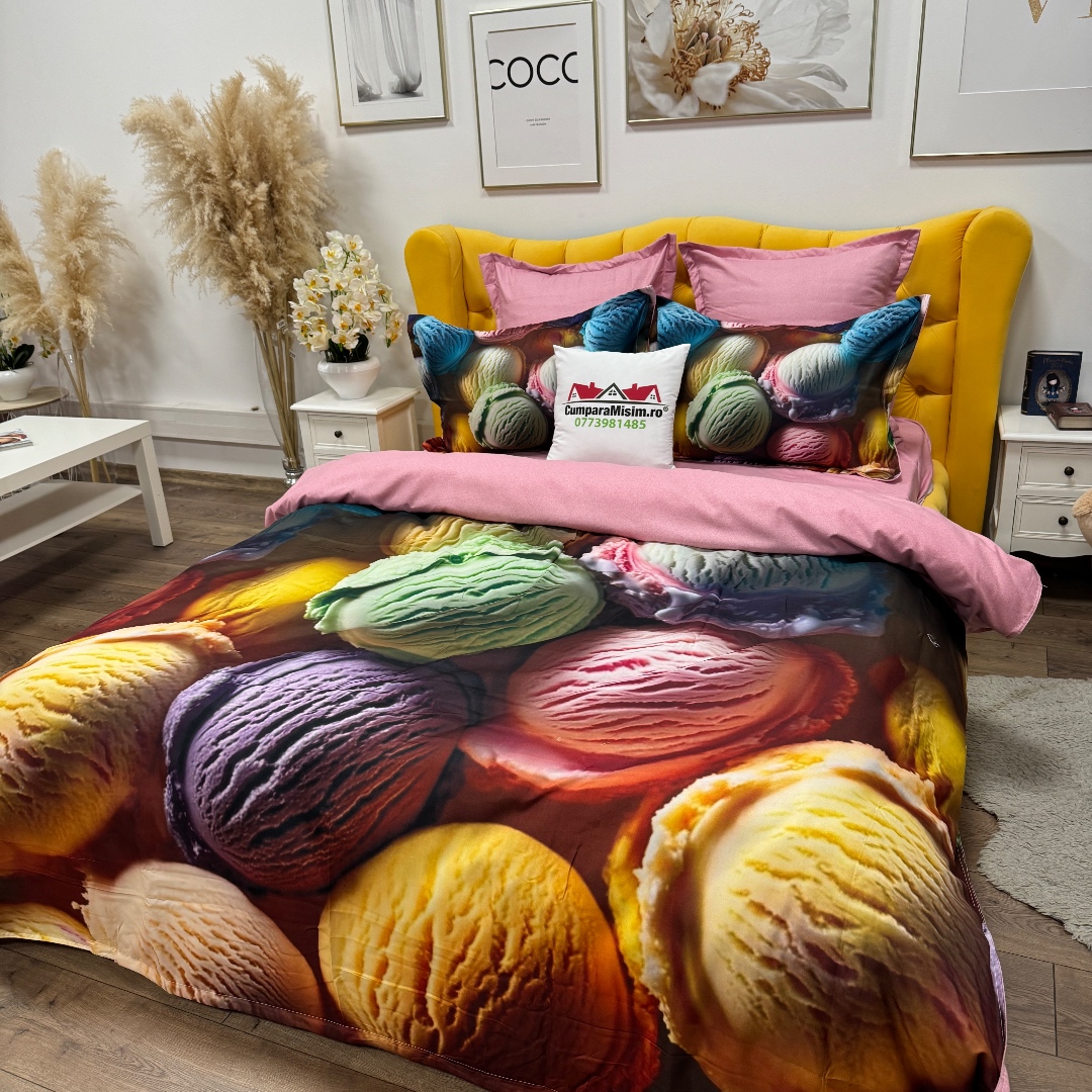 Lenjerie pat dublu, FINET, Imprimeu Digital 5D - Identic cu poza, Cu ELASTIC, 6 piese, Multicolor, inghetata - imagine 4