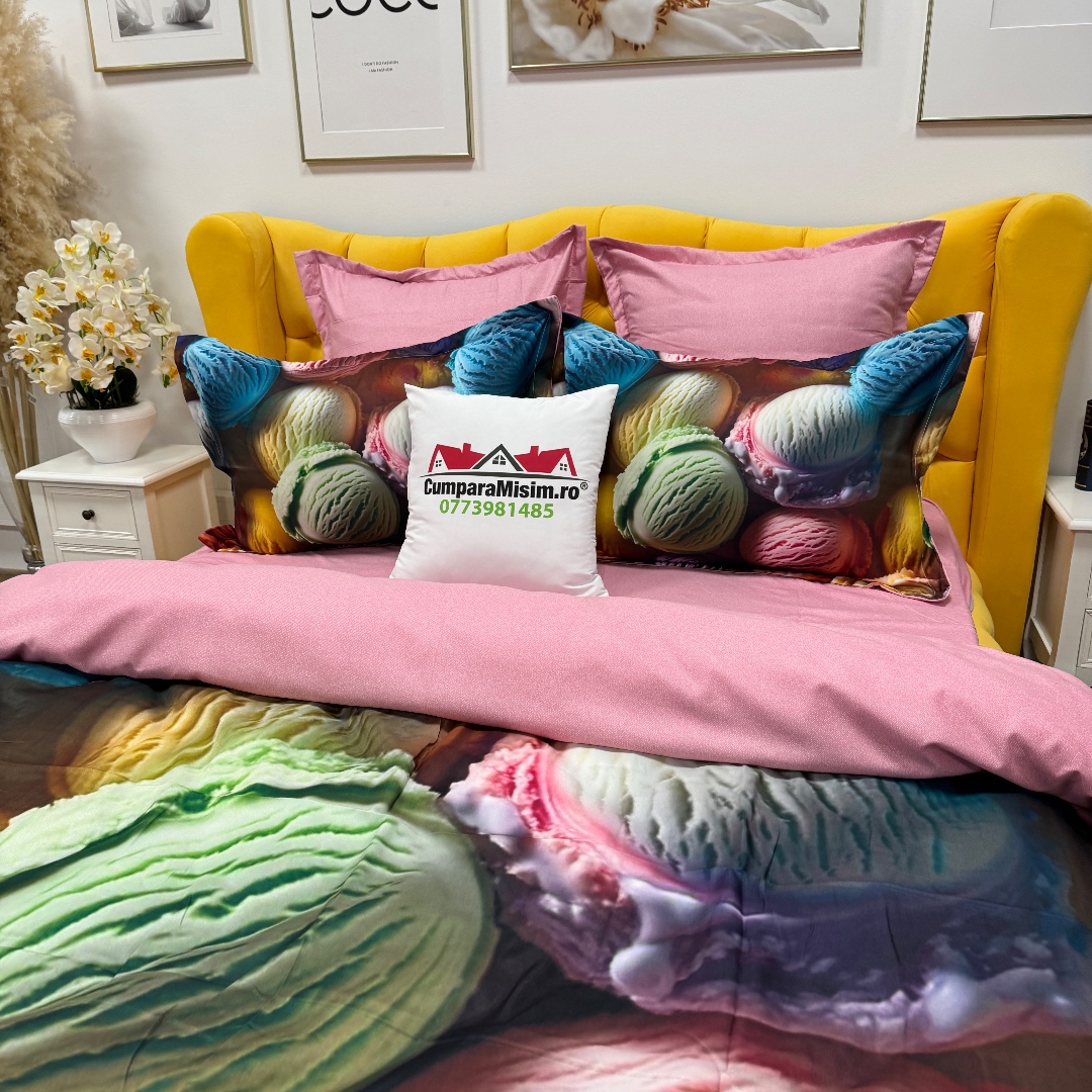 Lenjerie pat dublu, FINET, Imprimeu Digital 5D - Identic cu poza, Cu ELASTIC, 6 piese, Multicolor, inghetata - imagine 5