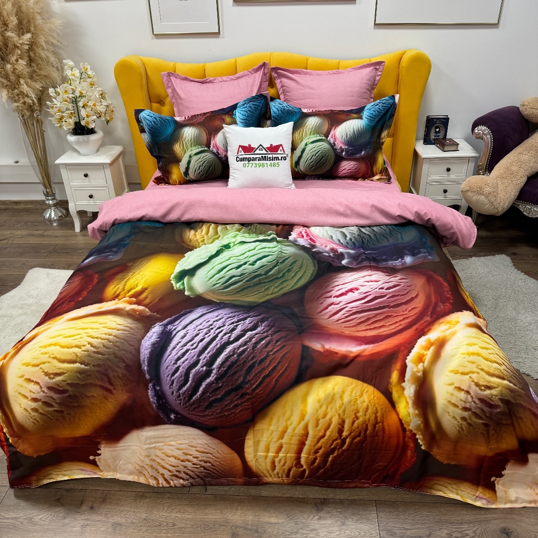 Lenjerie pat dublu, FINET, Imprimeu Digital 5D - Identic cu poza, Cu ELASTIC, 6 piese, Multicolor, inghetata - imagine 6