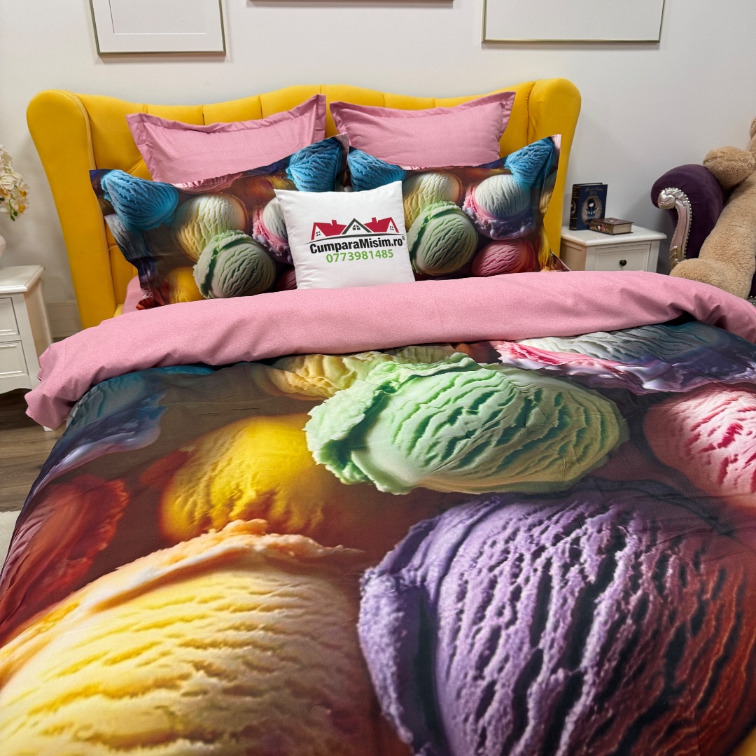 Lenjerie pat dublu, FINET, Imprimeu Digital 5D - Identic cu poza, Cu ELASTIC, 6 piese, Multicolor, inghetata - imagine 7