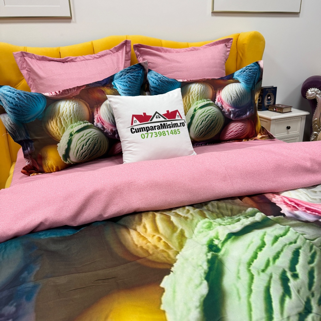 Lenjerie pat dublu, FINET, Imprimeu Digital 5D - Identic cu poza, Cu ELASTIC, 6 piese, Multicolor, inghetata - imagine 8