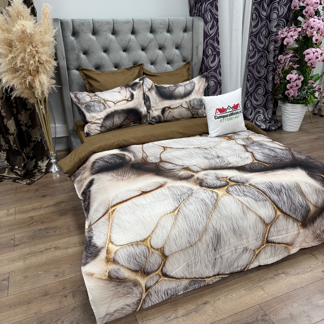 Lenjerie pat dublu, FINET, Imprimeu Digital 5D - Identic cu poza, Cu ELASTIC, 6 piese, Bej, blanita, abstract - imagine 6