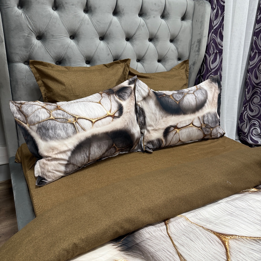Lenjerie pat dublu, FINET, Imprimeu Digital 5D - Identic cu poza, Cu ELASTIC, 6 piese, Bej, blanita, abstract - imagine 7