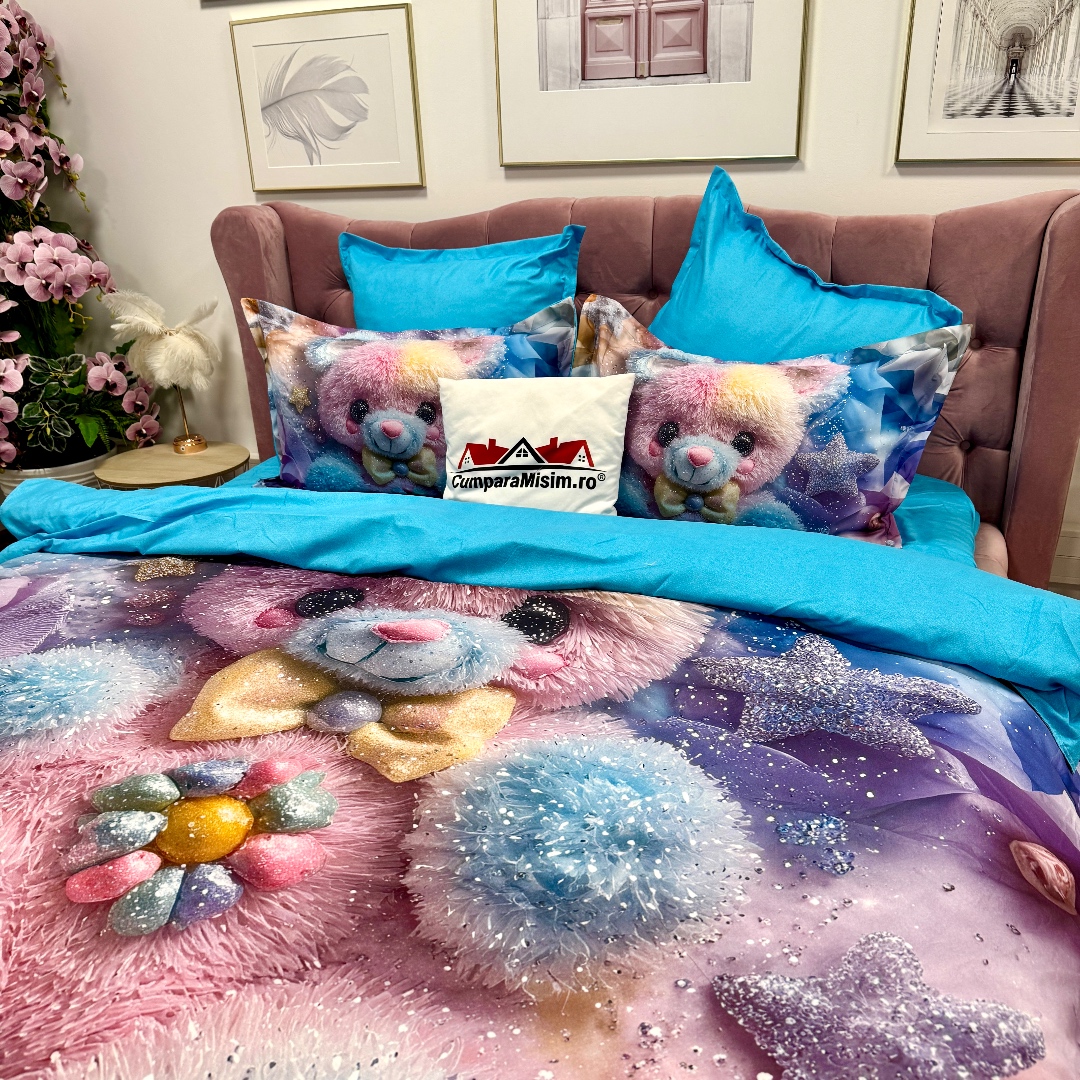 Lenjerie pat dublu, FINET, Imprimeu Digital 5D - Identic cu poza, Cu ELASTIC, 6 piese, Roz, Bleu, ursulet de plus - imagine 8