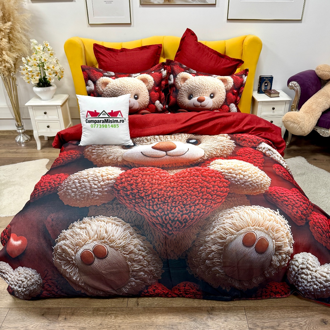Lenjerie pat dublu, FINET, Imprimeu Digital 5D - Identic cu poza, Cu ELASTIC, 6 piese, Rosu, ursulet - imagine 3