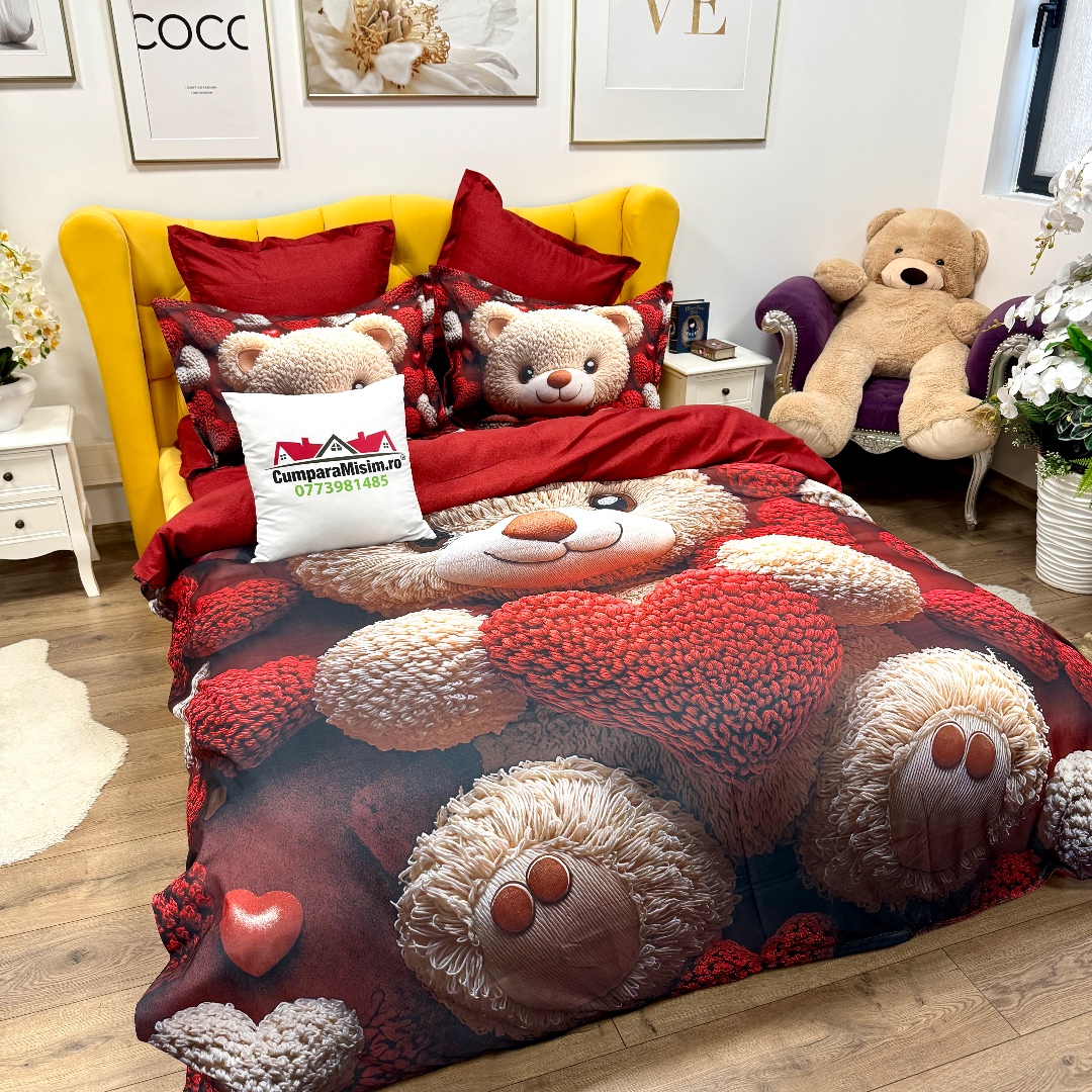 Lenjerie pat dublu, FINET, Imprimeu Digital 5D - Identic cu poza, Cu ELASTIC, 6 piese, Rosu, ursulet - imagine 5