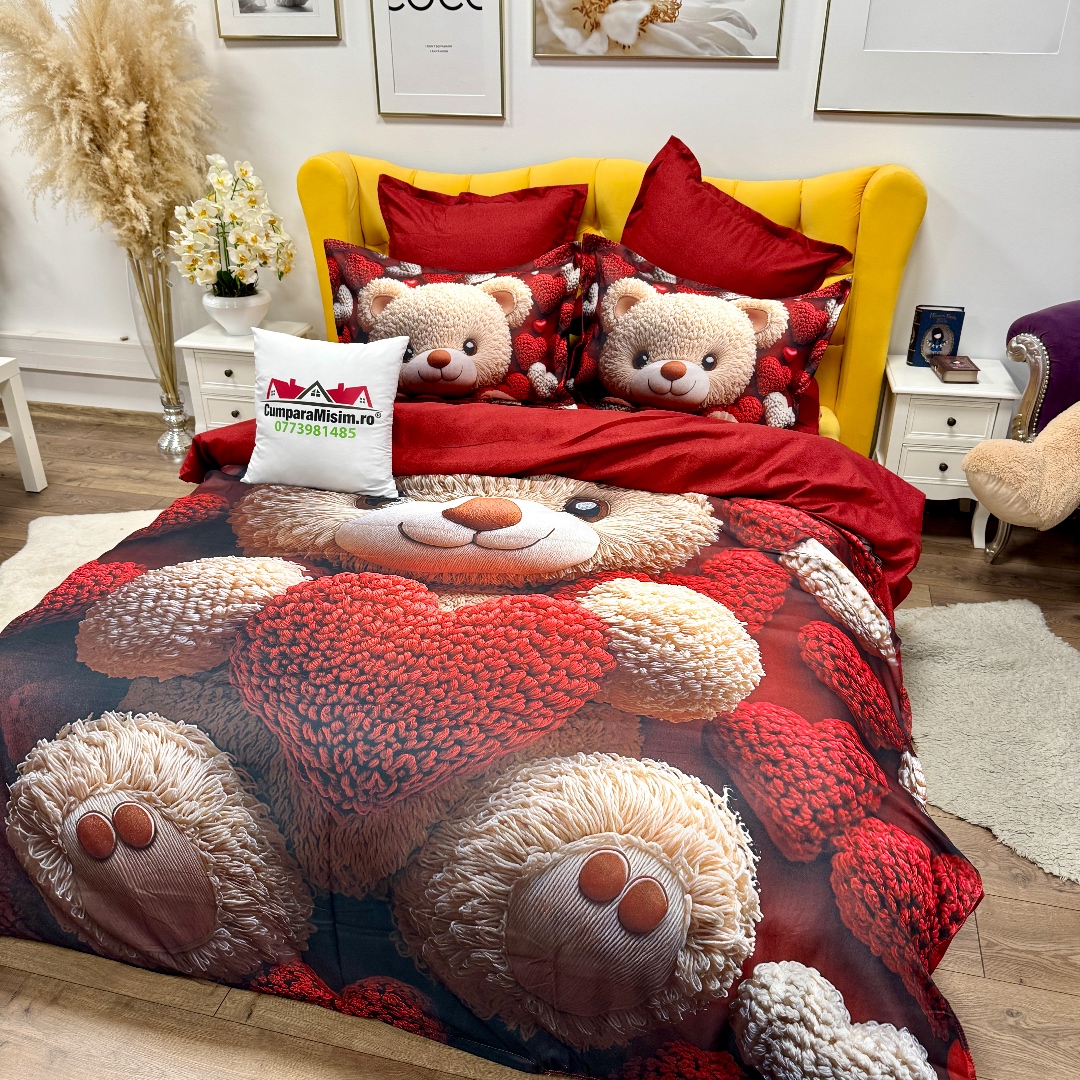 Lenjerie pat dublu, FINET, Imprimeu Digital 5D - Identic cu poza, Cu ELASTIC, 6 piese, Rosu, ursulet - imagine 6