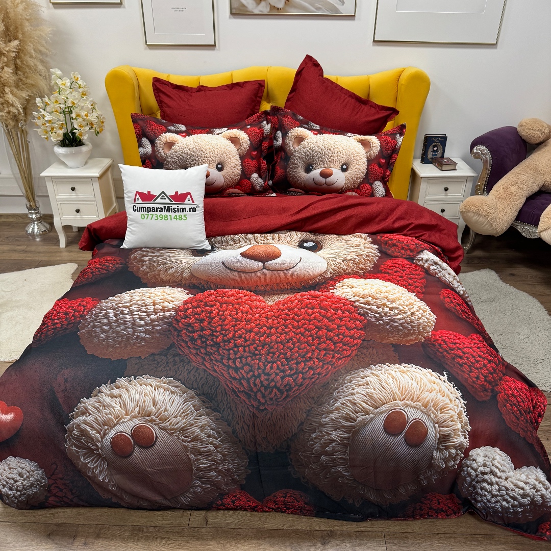 Lenjerie pat dublu, FINET, Imprimeu Digital 5D - Identic cu poza, Cu ELASTIC, 6 piese, Rosu, ursulet - imagine 7