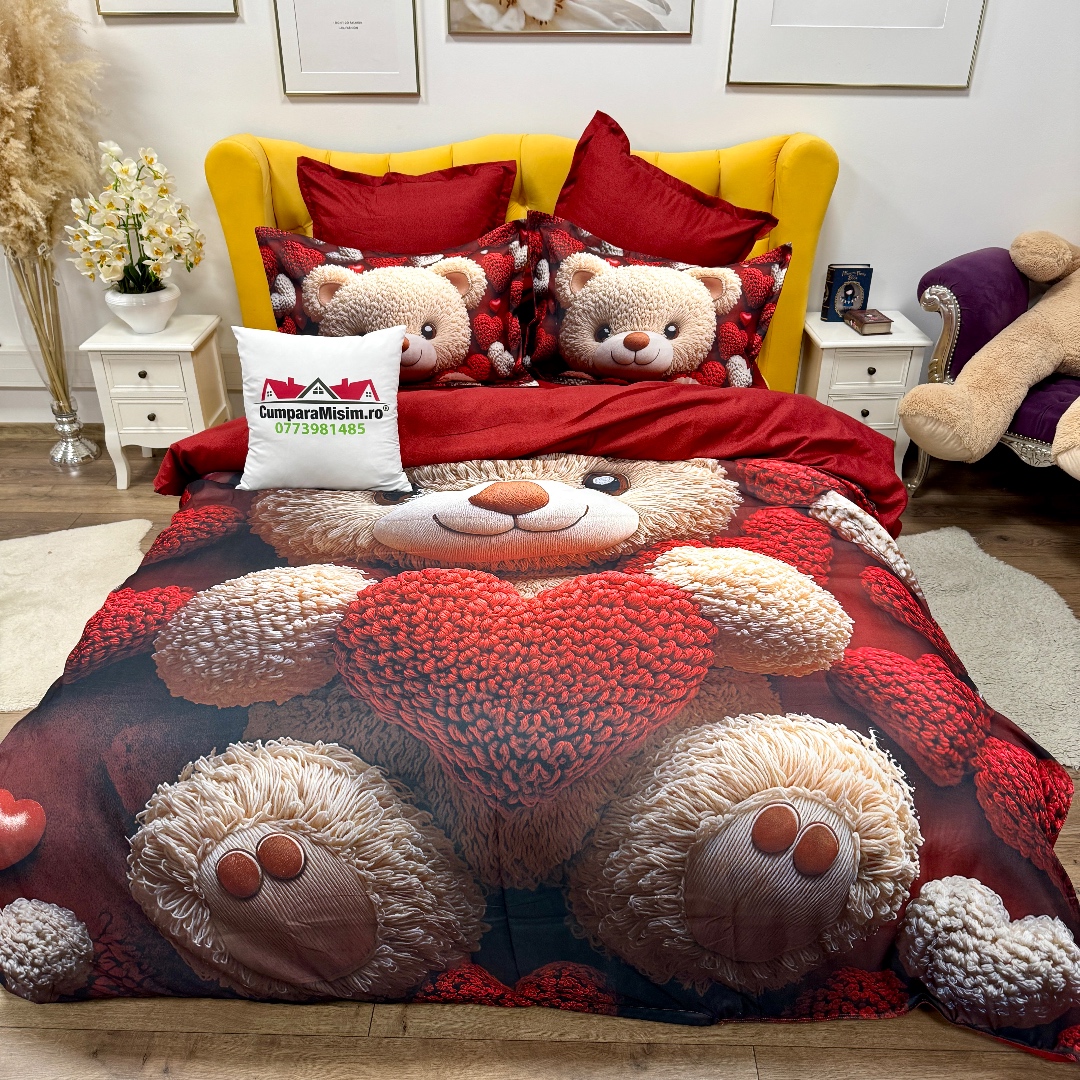 Lenjerie pat dublu, FINET, Imprimeu Digital 5D - Identic cu poza, Cu ELASTIC, 6 piese, Rosu, ursulet - imagine 8