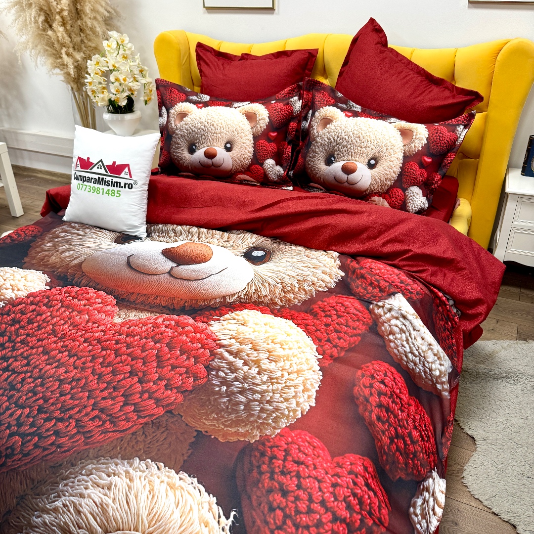 Lenjerie pat dublu, FINET, Imprimeu Digital 5D - Identic cu poza, Cu ELASTIC, 6 piese, Rosu, ursulet - imagine 9