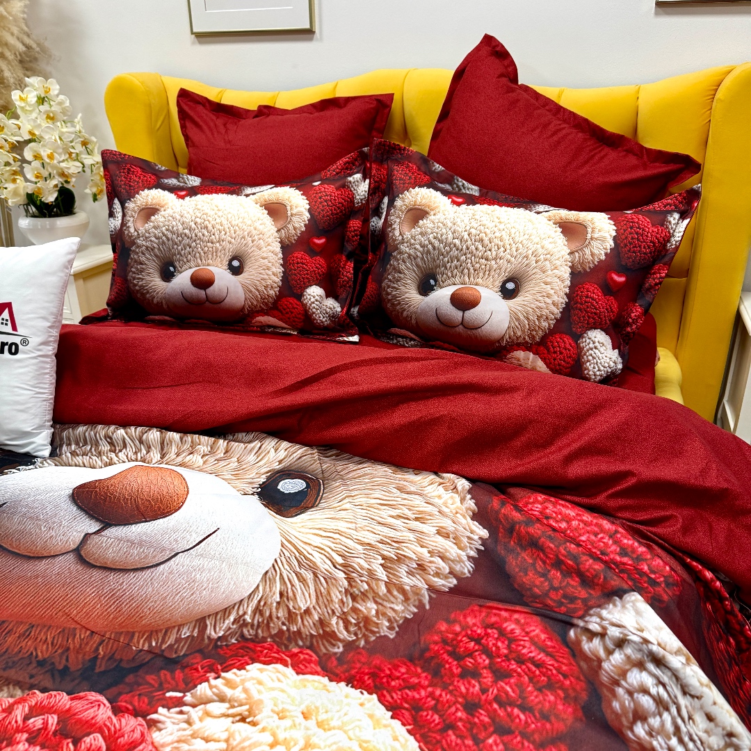 Lenjerie pat dublu, FINET, Imprimeu Digital 5D - Identic cu poza, Cu ELASTIC, 6 piese, Rosu, ursulet - imagine 10