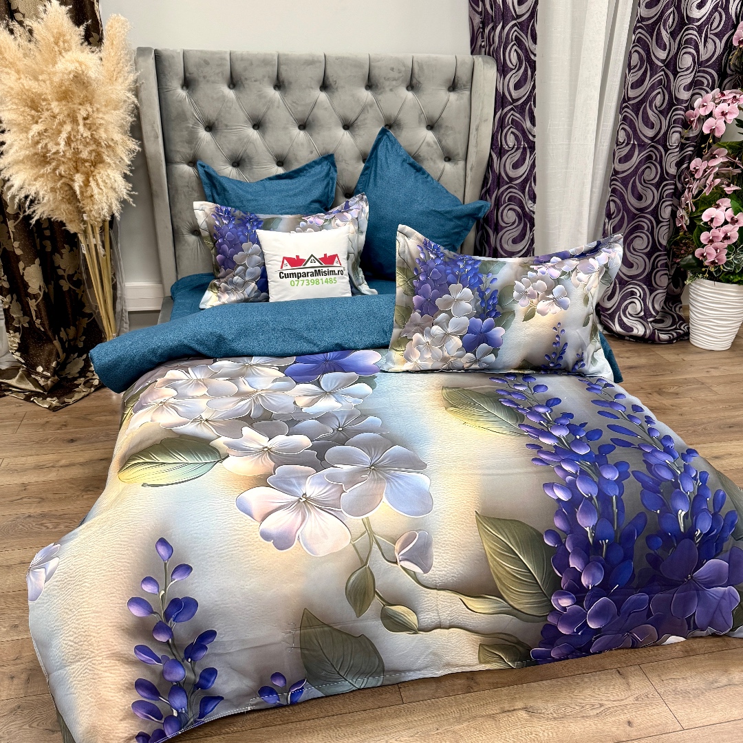 Lenjerie pat dublu, FINET, Imprimeu Digital 5D - Identic cu poza, Cu ELASTIC, 6 piese, Mov, flori liliac - imagine 4