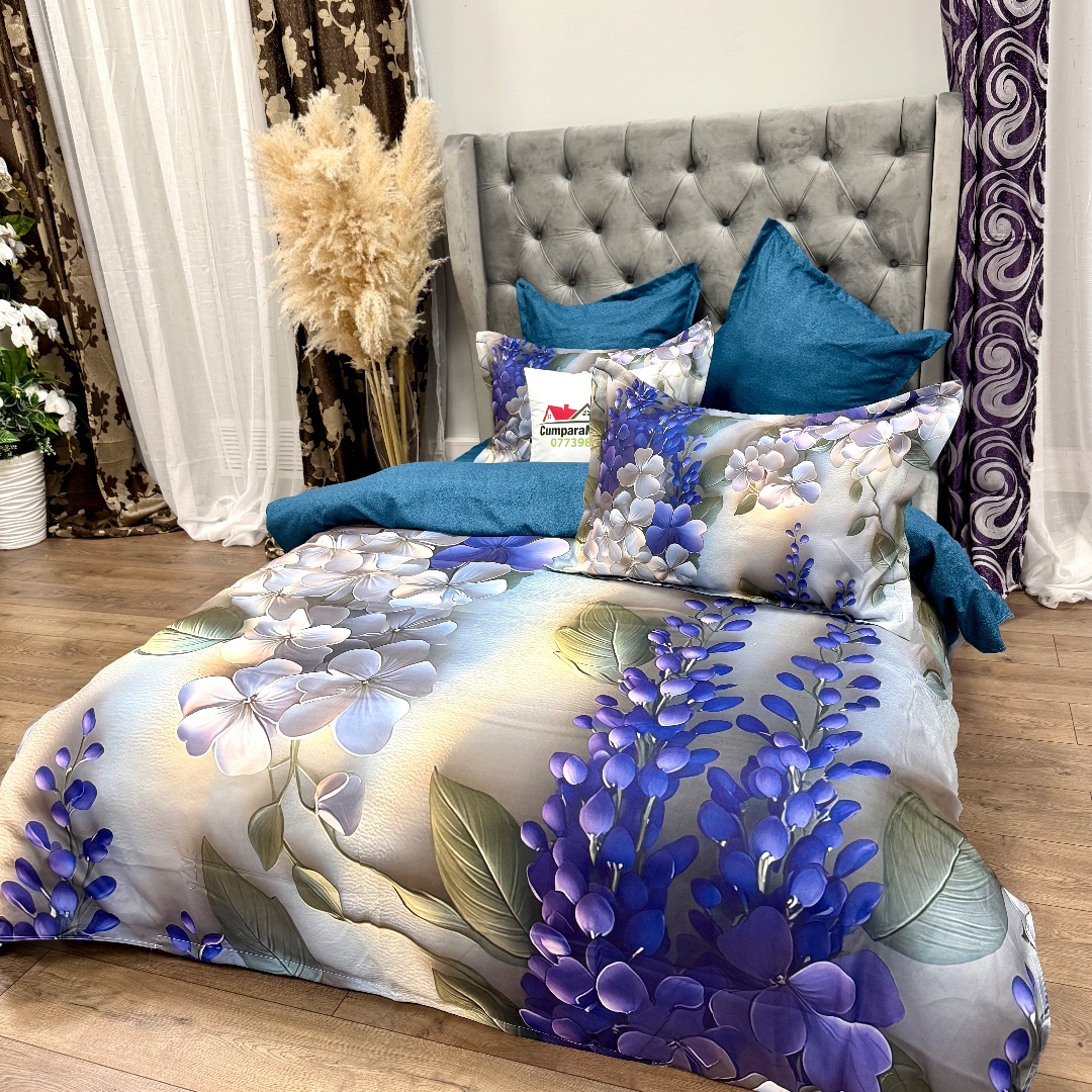 Lenjerie pat dublu, FINET, Imprimeu Digital 5D - Identic cu poza, Cu ELASTIC, 6 piese, Mov, flori liliac - imagine 6