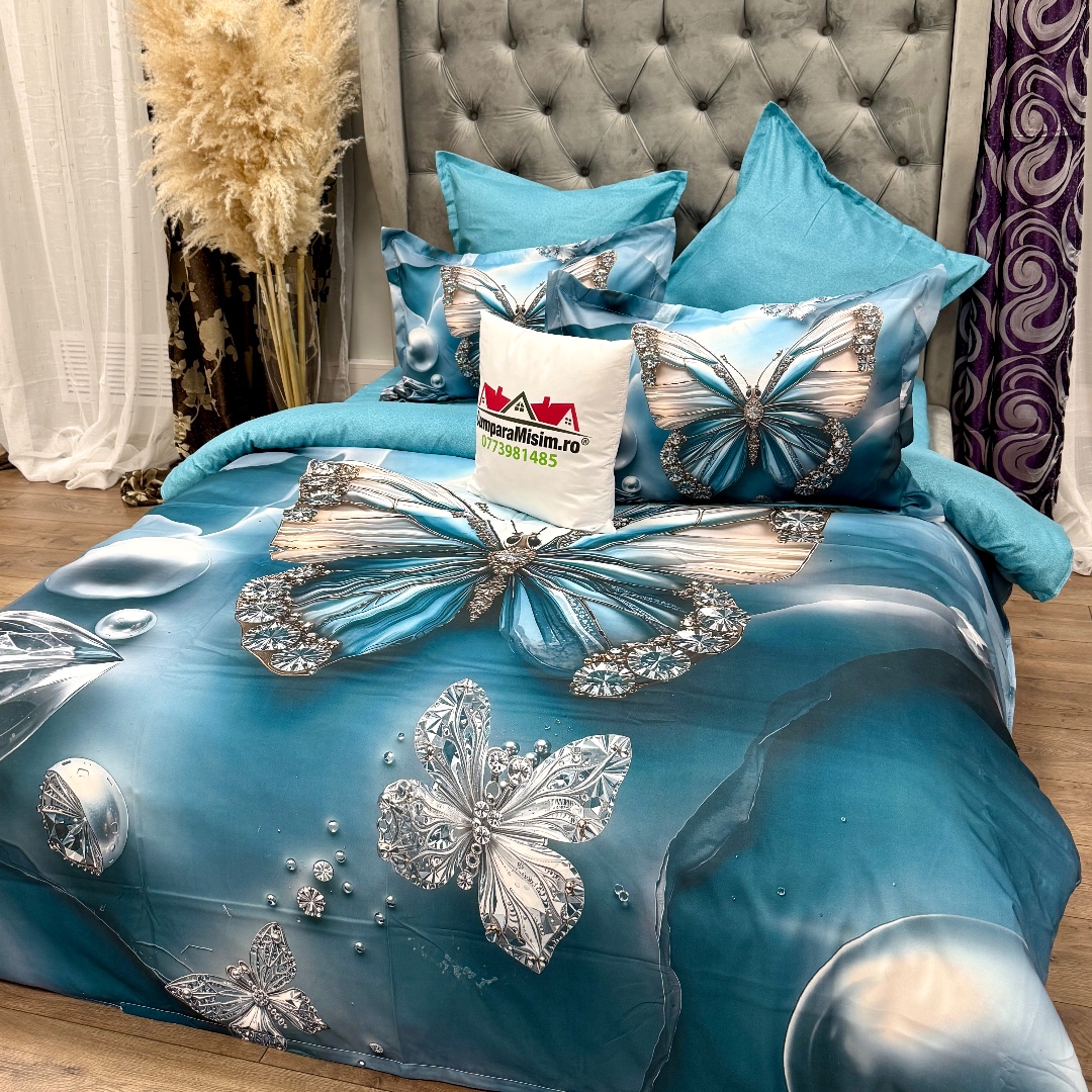 Lenjerie pat dublu, FINET, Imprimeu Digital 5D - Identic cu poza, Cu ELASTIC, 6 piese, Turcuaz, fluture - imagine 2