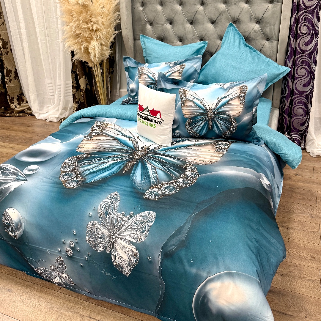 Lenjerie pat dublu, FINET, Imprimeu Digital 5D - Identic cu poza, Cu ELASTIC, 6 piese, Turcuaz, fluture - imagine 3