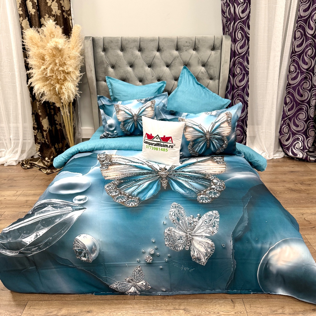 Lenjerie pat dublu, FINET, Imprimeu Digital 5D - Identic cu poza, Cu ELASTIC, 6 piese, Turcuaz, fluture - imagine 4