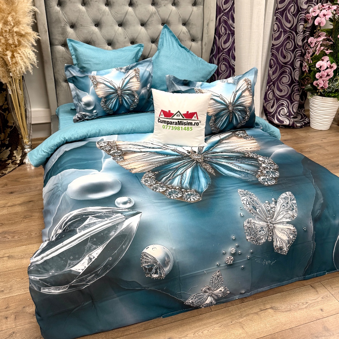 Lenjerie pat dublu, FINET, Imprimeu Digital 5D - Identic cu poza, Cu ELASTIC, 6 piese, Turcuaz, fluture - imagine 5