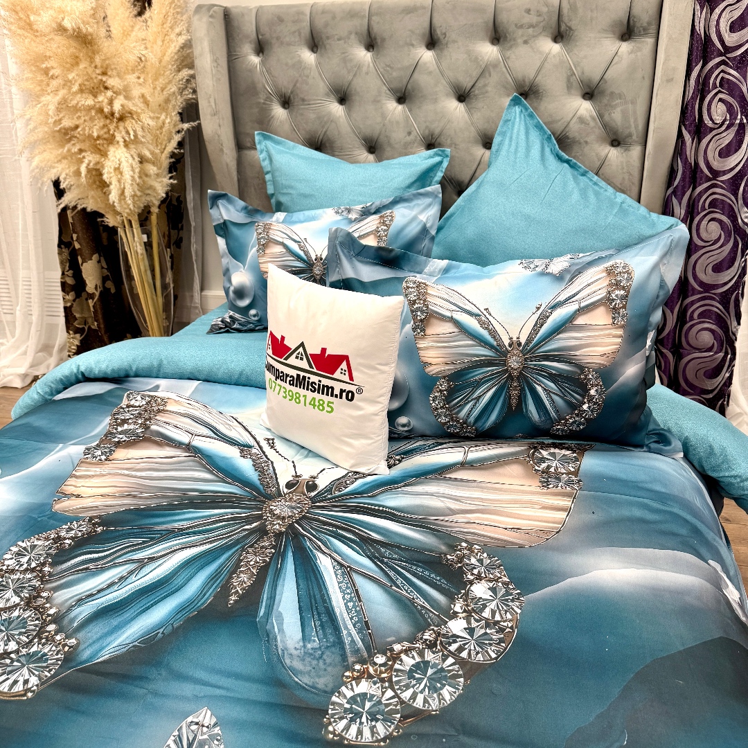 Lenjerie pat dublu, FINET, Imprimeu Digital 5D - Identic cu poza, Cu ELASTIC, 6 piese, Turcuaz, fluture - imagine 6